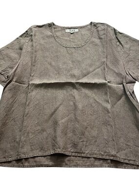 FLAX 100% Linen Scoop Neck Top Taupe Brown Short Sleeve Size Large Boho Resort